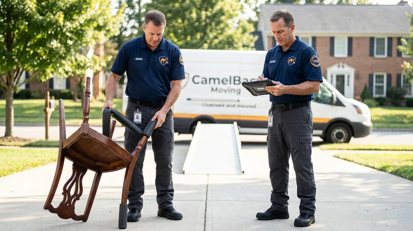 Movers inspecting furniture for damage prevention before loading in Whiteriver, AZ