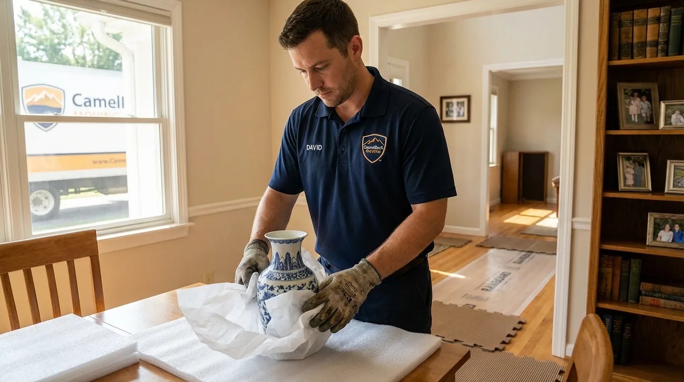 Professional crew carefully wrapping antique vase for senior downsizing move in Whiteriver, AZ